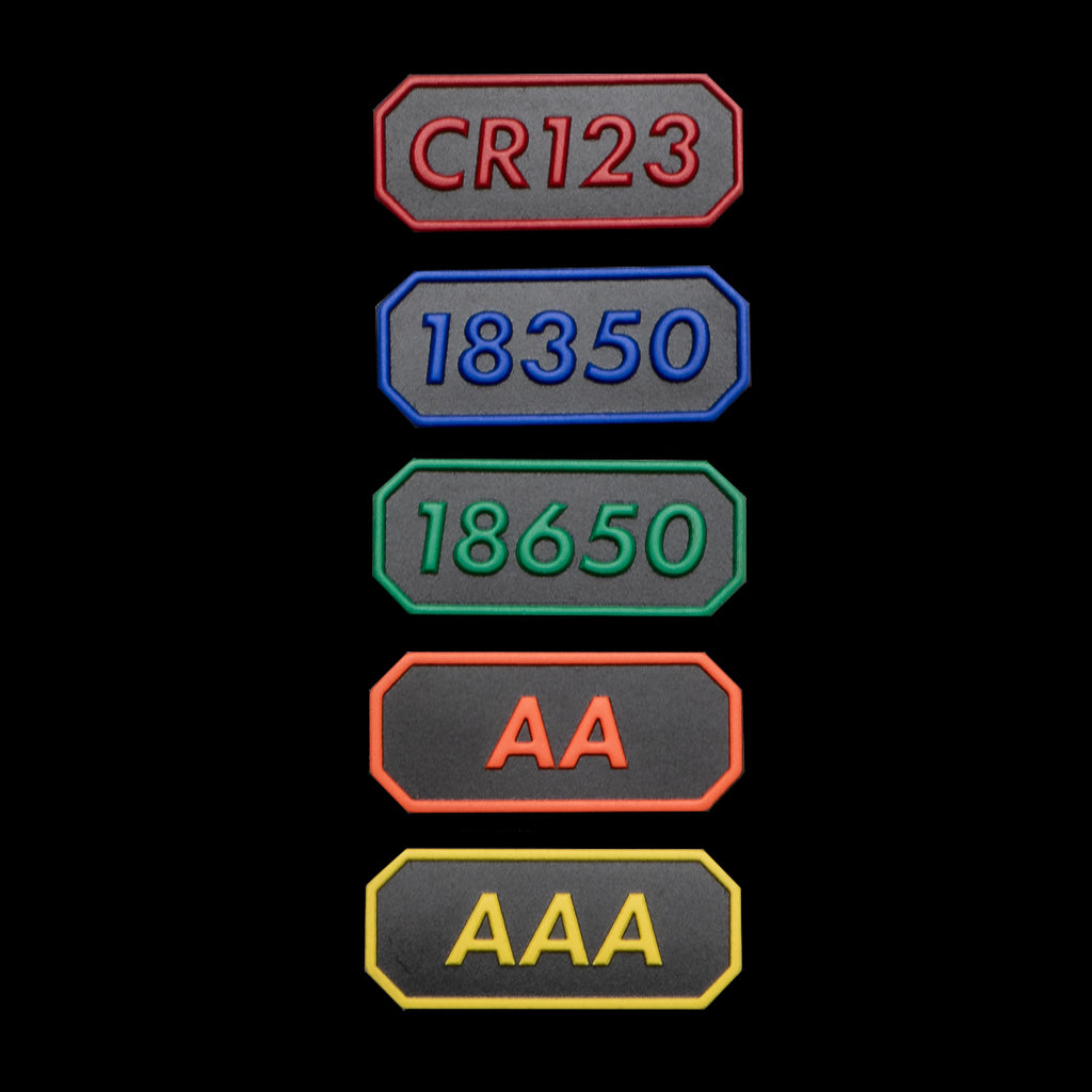 Colorful battery patches for CellVault-5M, labeled for CR123, 18350, 18650, AA, and AAA.