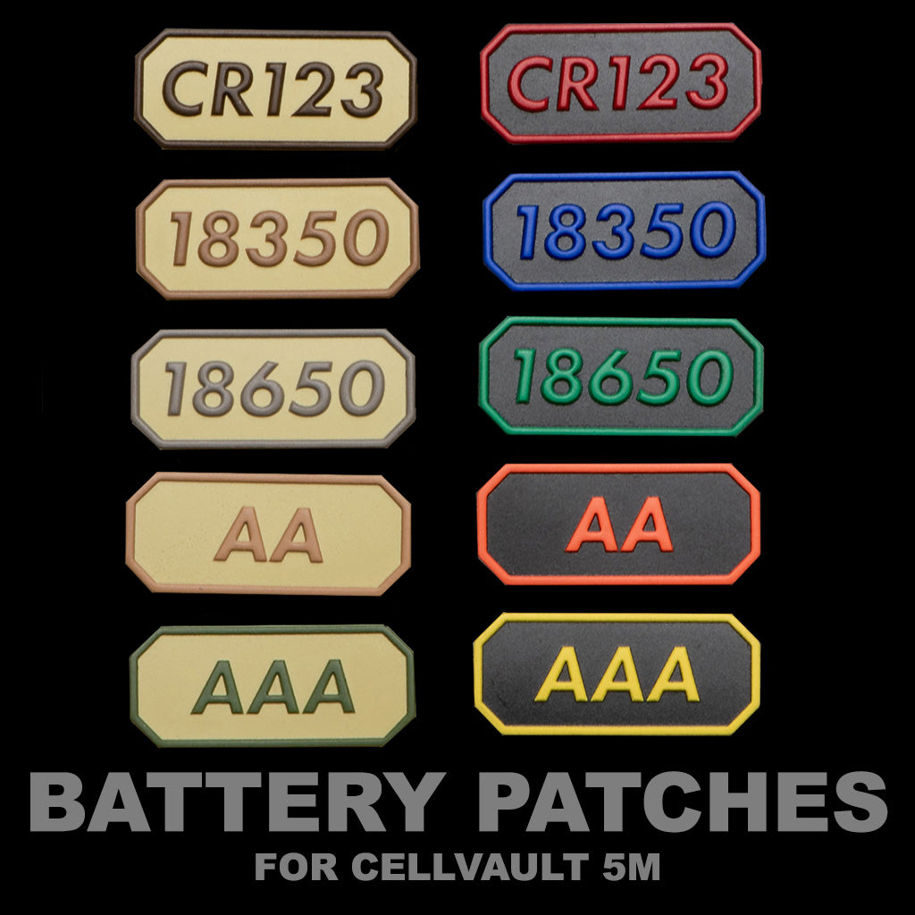 Battery patches for CellVault-5M in various colors, labeled for CR123, 18350, 18650, AA, and AAA batteries.