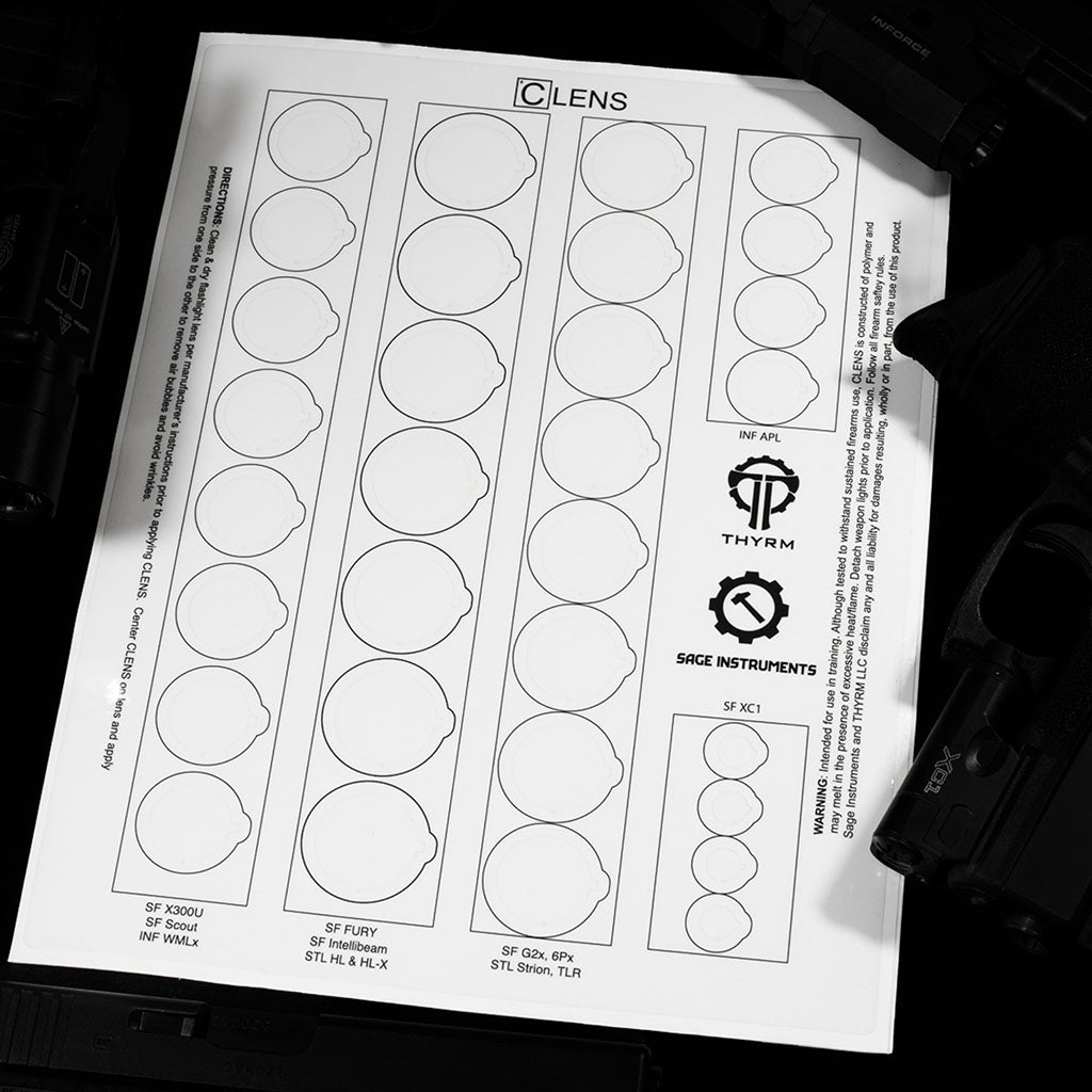 CLENS lens protection sheet for flashlights and weapon lights, designed for tactical and outdoor applications.  This model is the variety pak; it features 5 sizes of CLENS.