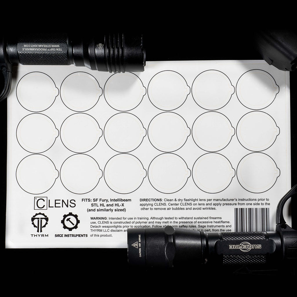 CLENS lens protection sheet for lights, featuring multiple circular cutouts for lens coverage.