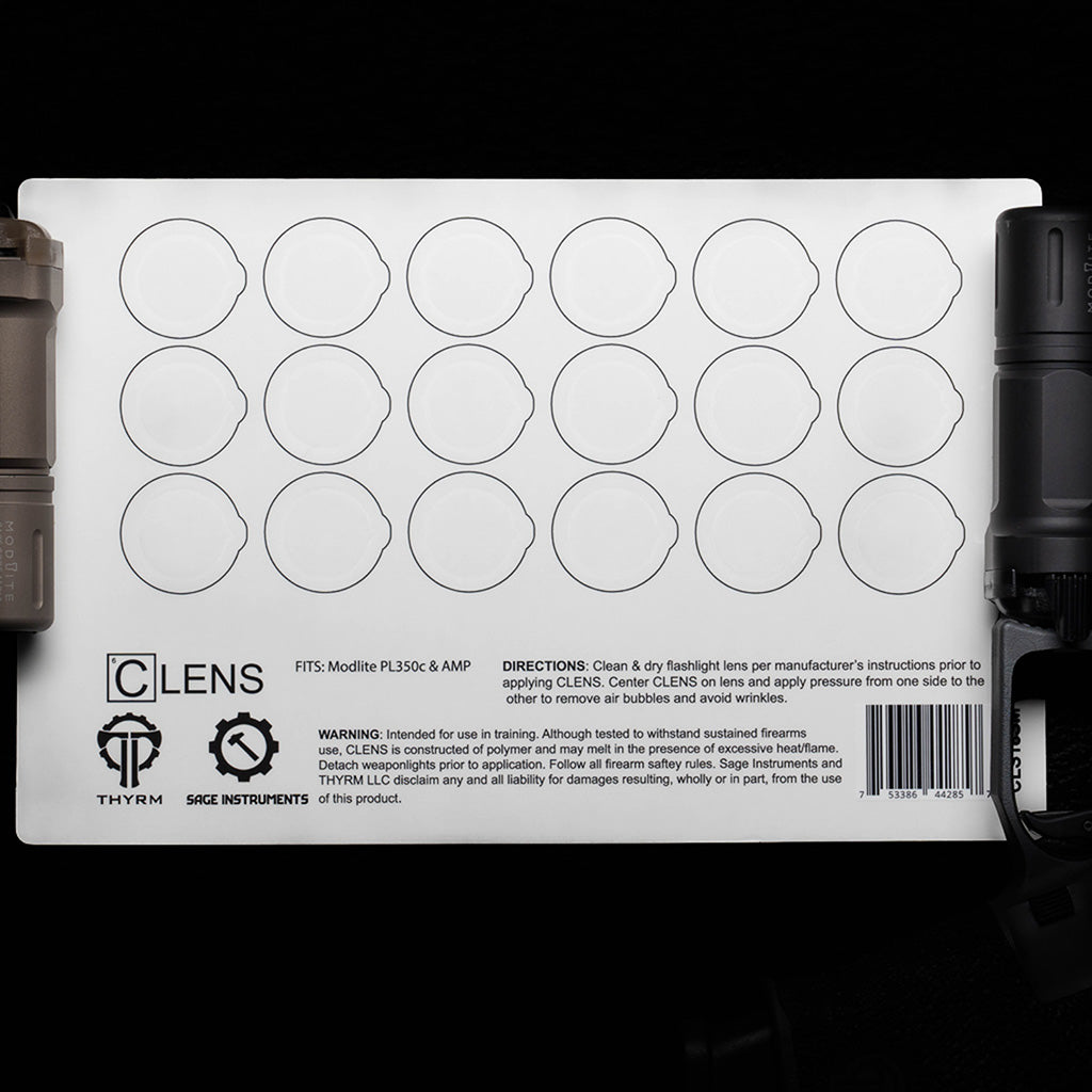 CLENS lens protection sheet for flashlights and weapon lights, featuring multiple circular adhesive patches for lens safety and protection.  This is the CLS18SM model.