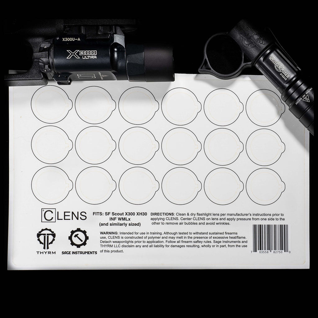 CLENS Lens Protection for flashlights and weapon lights with protective stickers for the SureFire Scout and other lights.