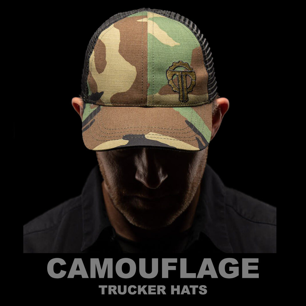 Thyrm camouflage trucker hat featuring a classic design and custom Thyrm camo