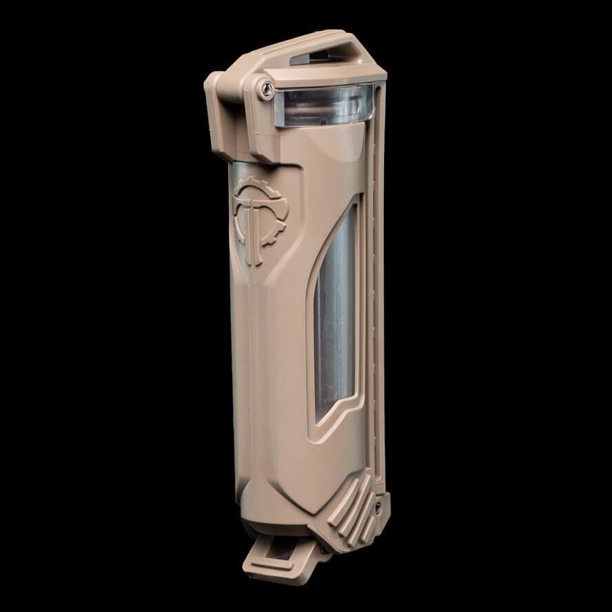 CellVault-18 battery storage case in tan, designed for 18350 and 18650 batteries