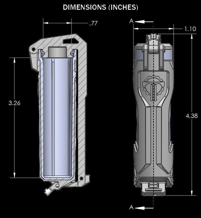 Thyrm Cellvault 18 diagram with dimensions, a 18650 battery case