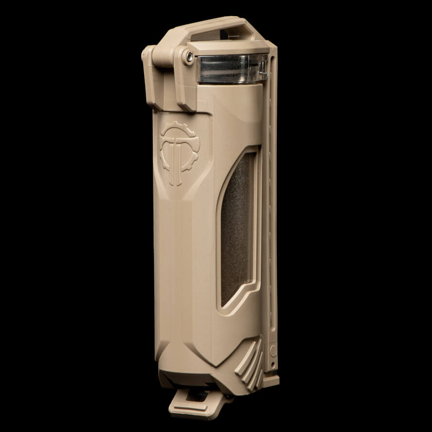 CellVault-21 battery storage case in tan, designed for 21700 batteries and Streamlight SL-B50