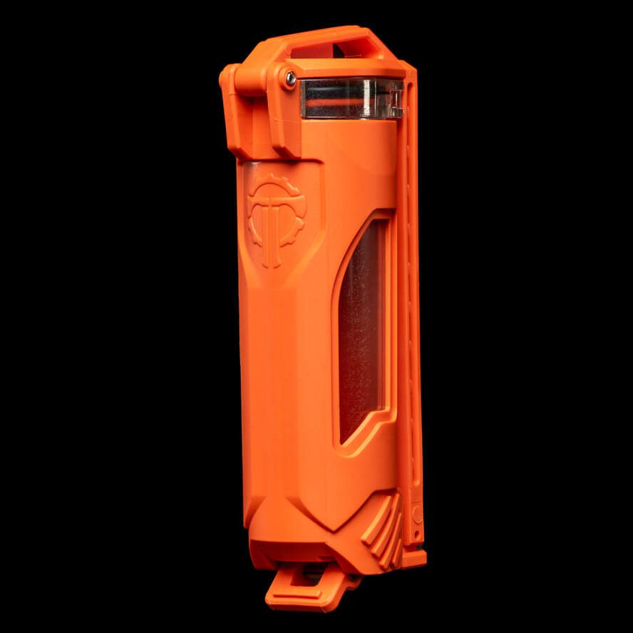 Orange CellVault-21 battery storage designed for 21700 batteries and Streamlight SL-B50