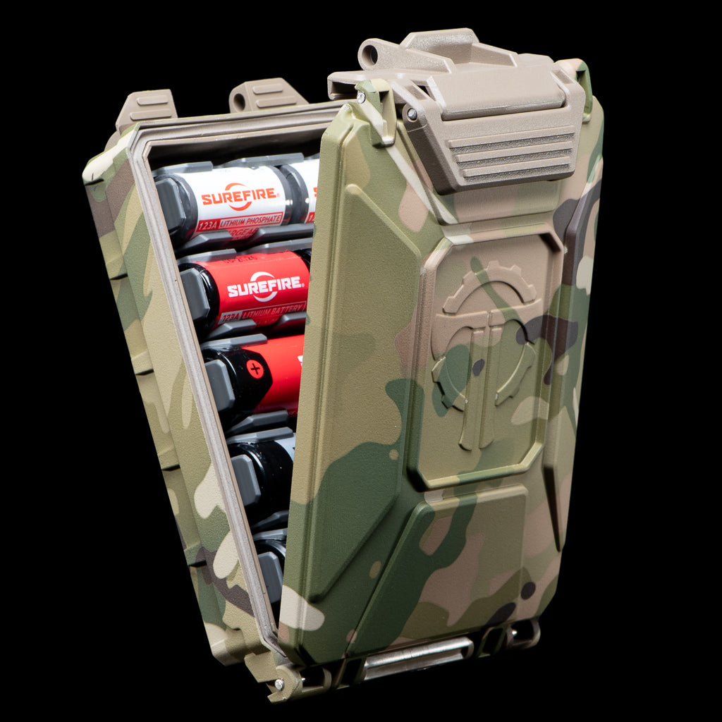 MultiCam CellVault-5M opening to show various batteries securely mounted inside