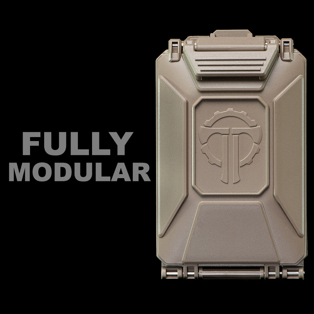 Tan CellVault-5M Modular Battery Storage case alongside words "Fully Modular"