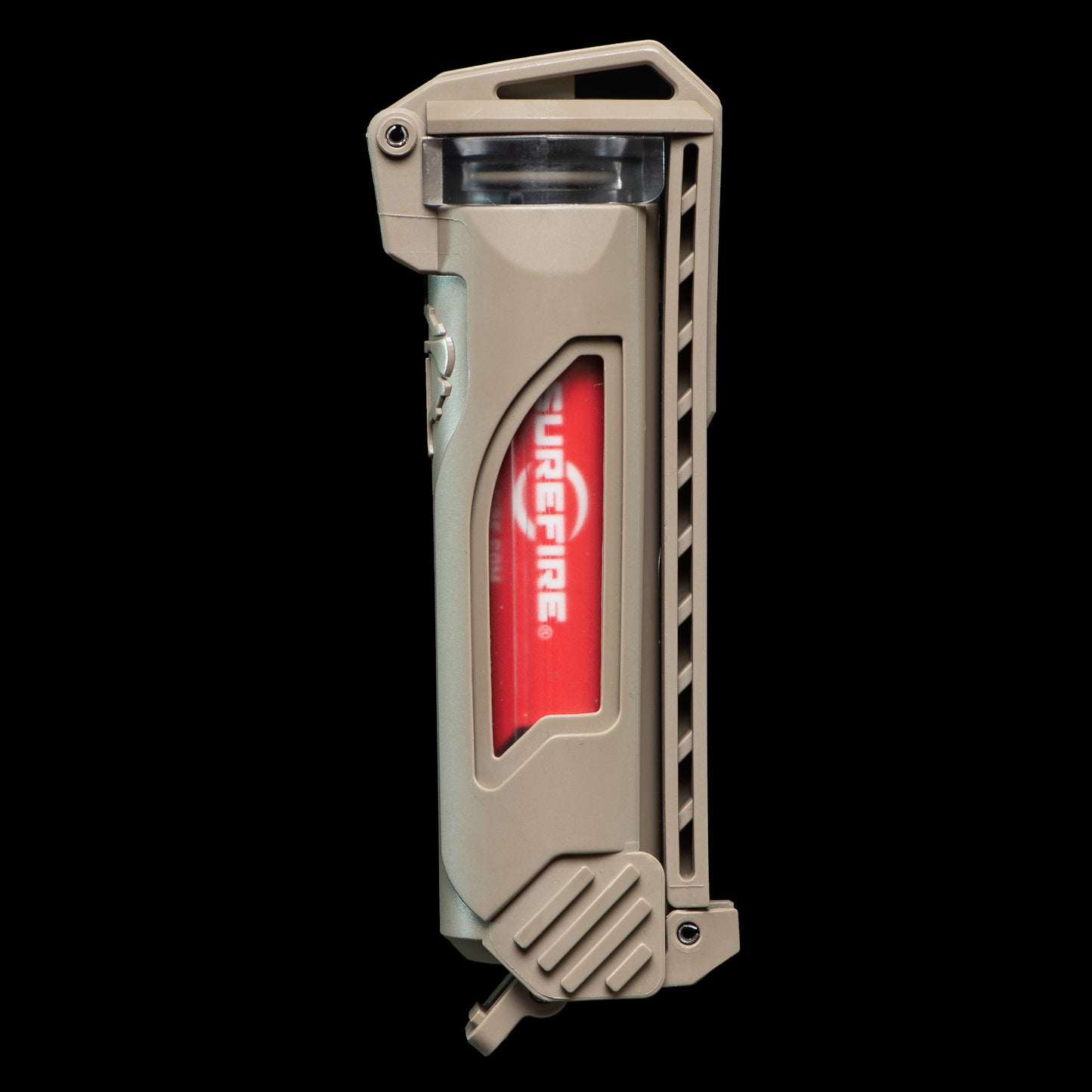 CellVault-18 battery storage designed for 18350 and 18650 batteries, featuring a durable tan casing and secure closure.