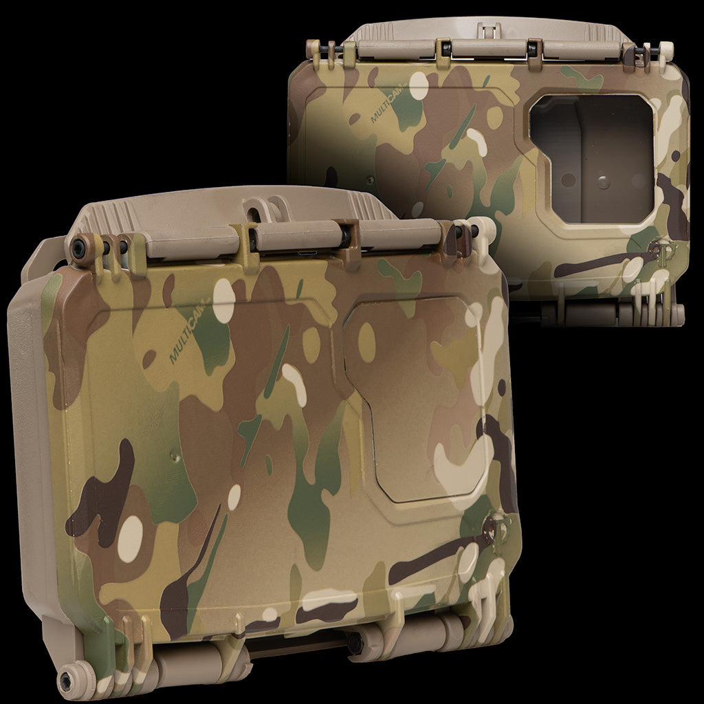 DarkVault 2.0 Critical Gear Case in MultiCam camouflage, designed for smartphone protection, with beige Velcro accessory Pak, size regular.