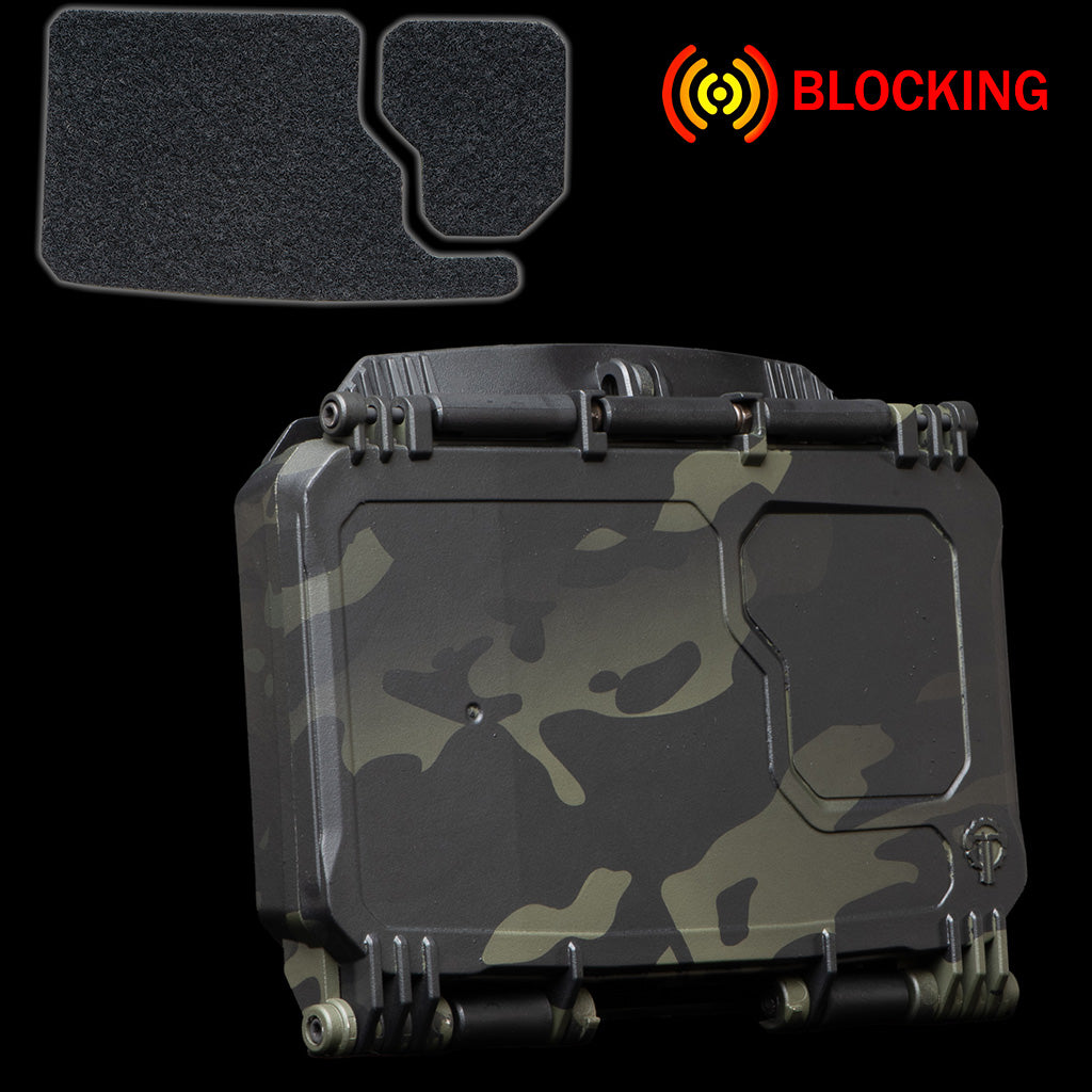 DarkVault 2.0 Critical Gear Case in MultiCam Black camouflage, designed for smartphone protection and signal blocking, with Velcro accessory pak in black regular size.