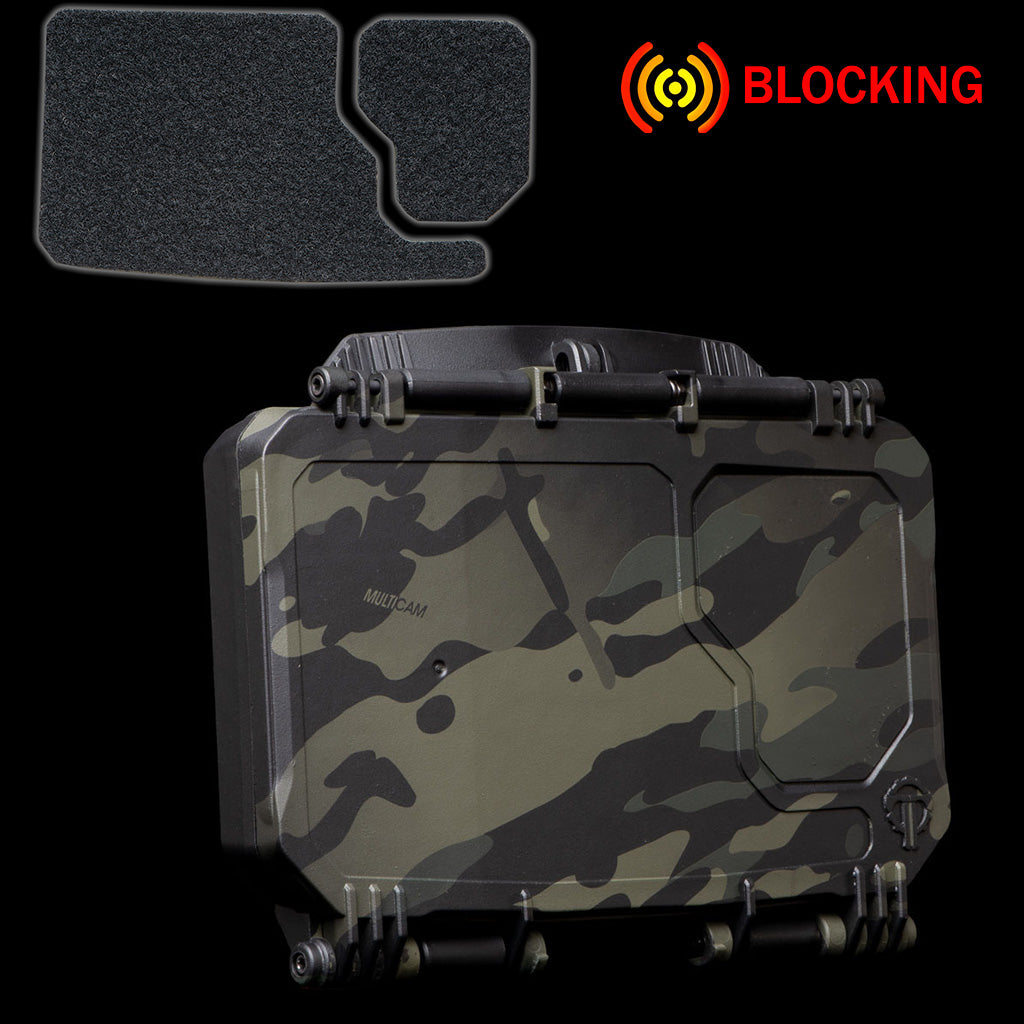 DarkVault 2.0 Critical Gear Case in MultiCam Black camouflage, designed for smartphone protection and signal blocking, with Velcro accessory pak in black, large.