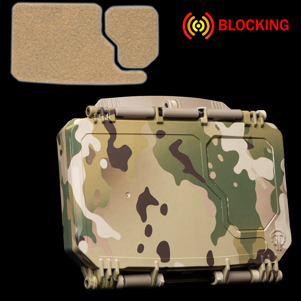 DarkVault 2.0 Critical Gear Case in MultiCam camo design, offering smartphone protection and signal blocking features, alongside attachable Velcro in beige, large.