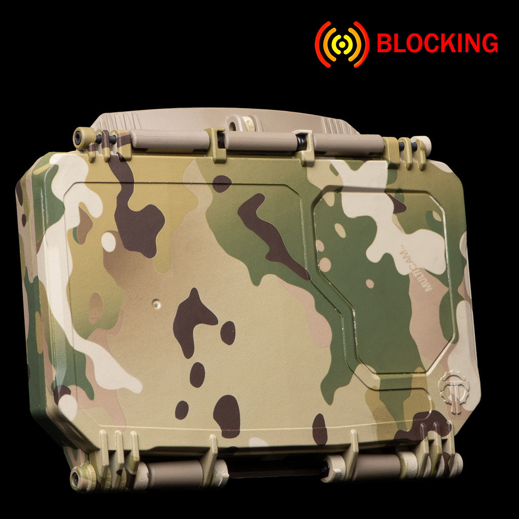 DarkVault 2.0 Critical Gear Case in MultiCam camo design, offering smartphone protection and signal blocking for large phones.