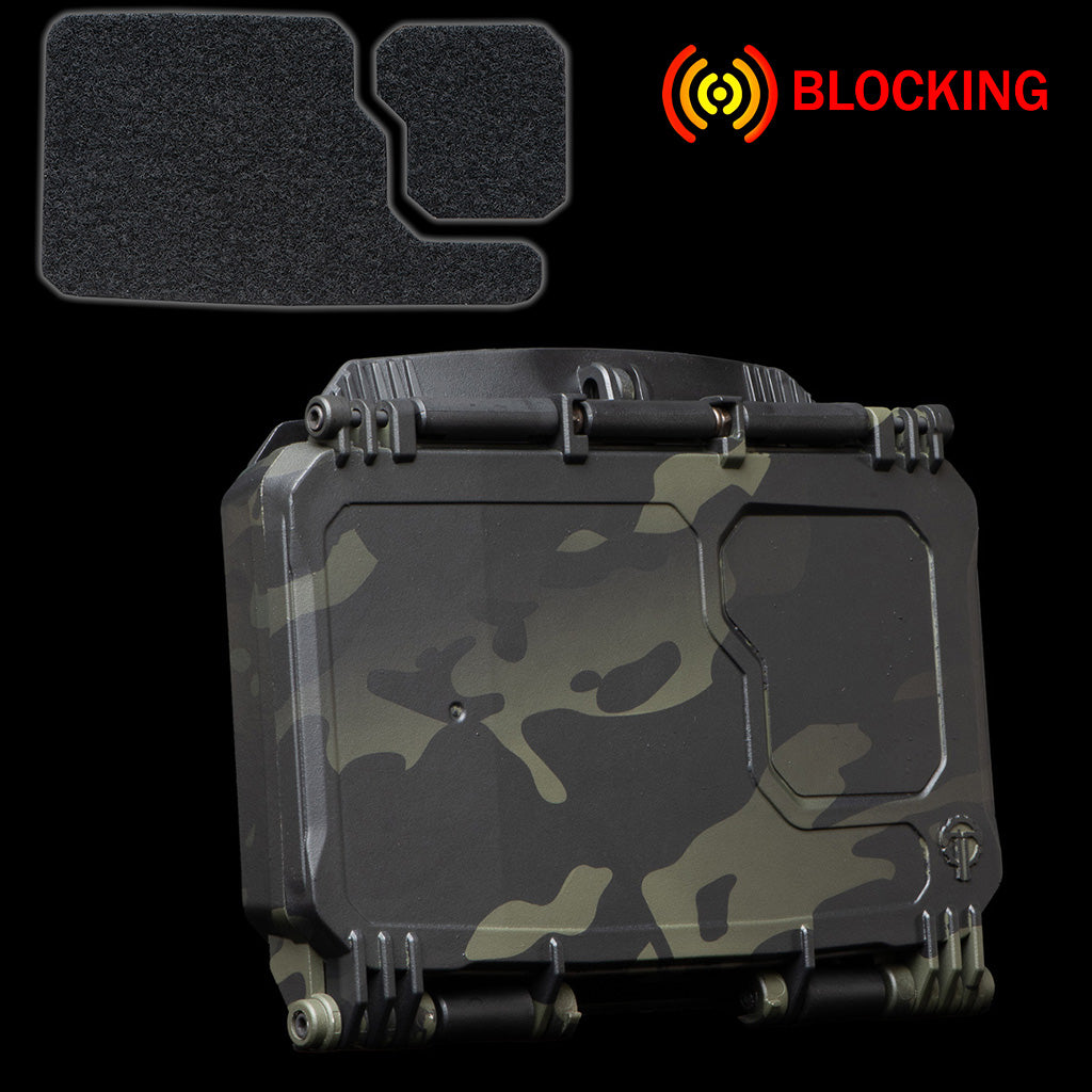 DarkVault 2.0 Critical Gear Case in MultiCam Black camouflage, designed for smartphone protection and signal blocking, with Velcro accessory pak in black regular size.