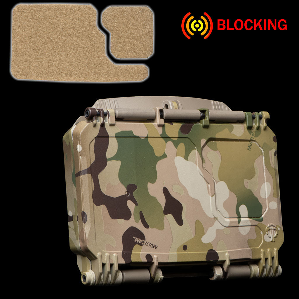 DarkVault 2.0 Critical Gear Case in MultiCam camo design, offering smartphone protection and signal blocking features, alongside attachable Velcro in beige.