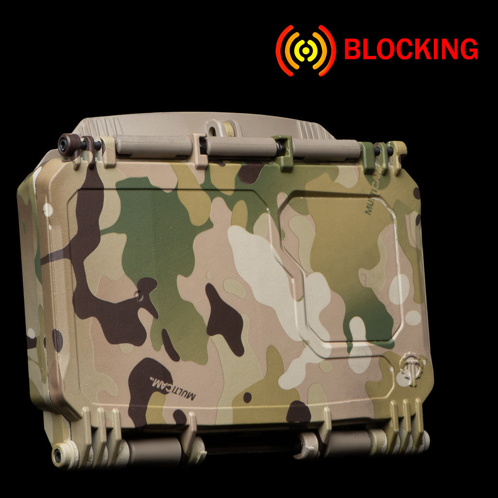 DarkVault 2.0 Critical Gear Case in MultiCam camo design, offering smartphone protection and signal blocking.