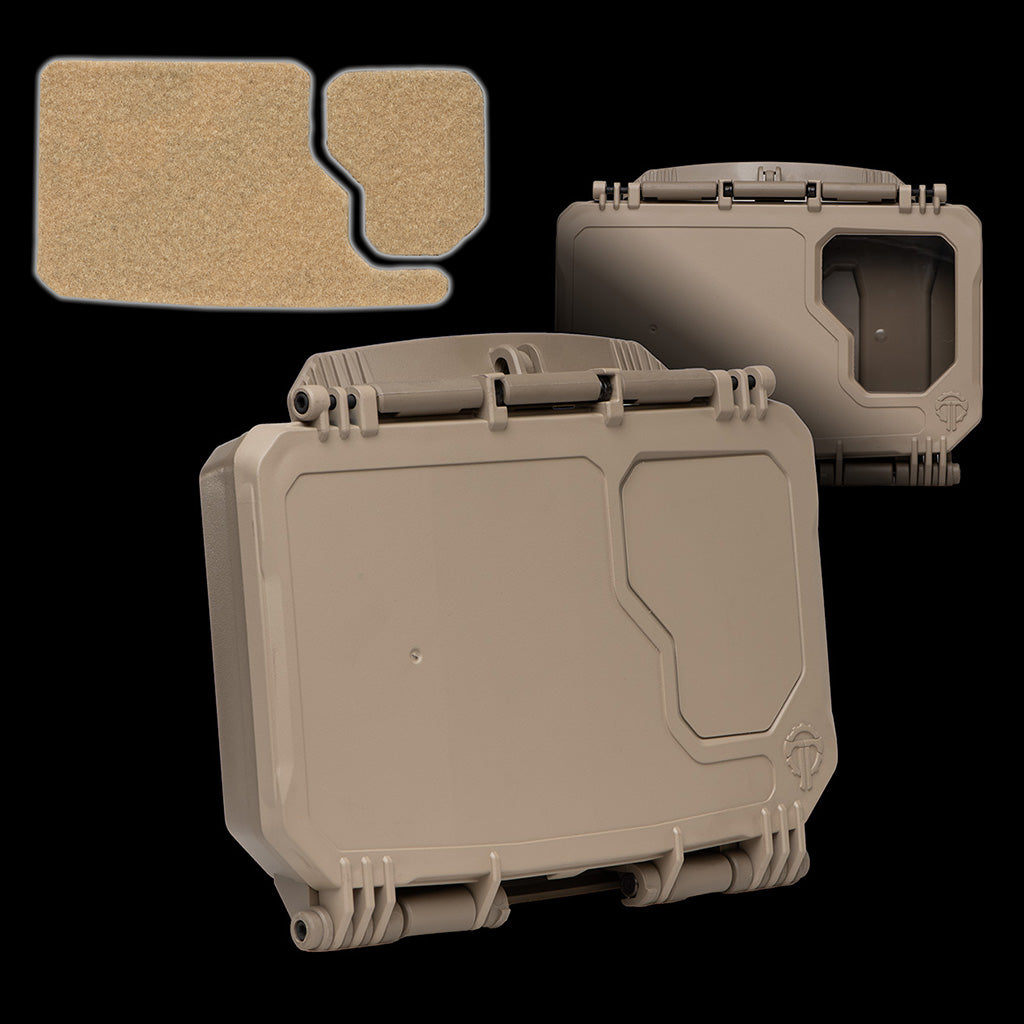 DarkVault 2.0 Critical Gear Case in FDE, designed for smartphone protection, with beige Velcro accessory Pak, size large.