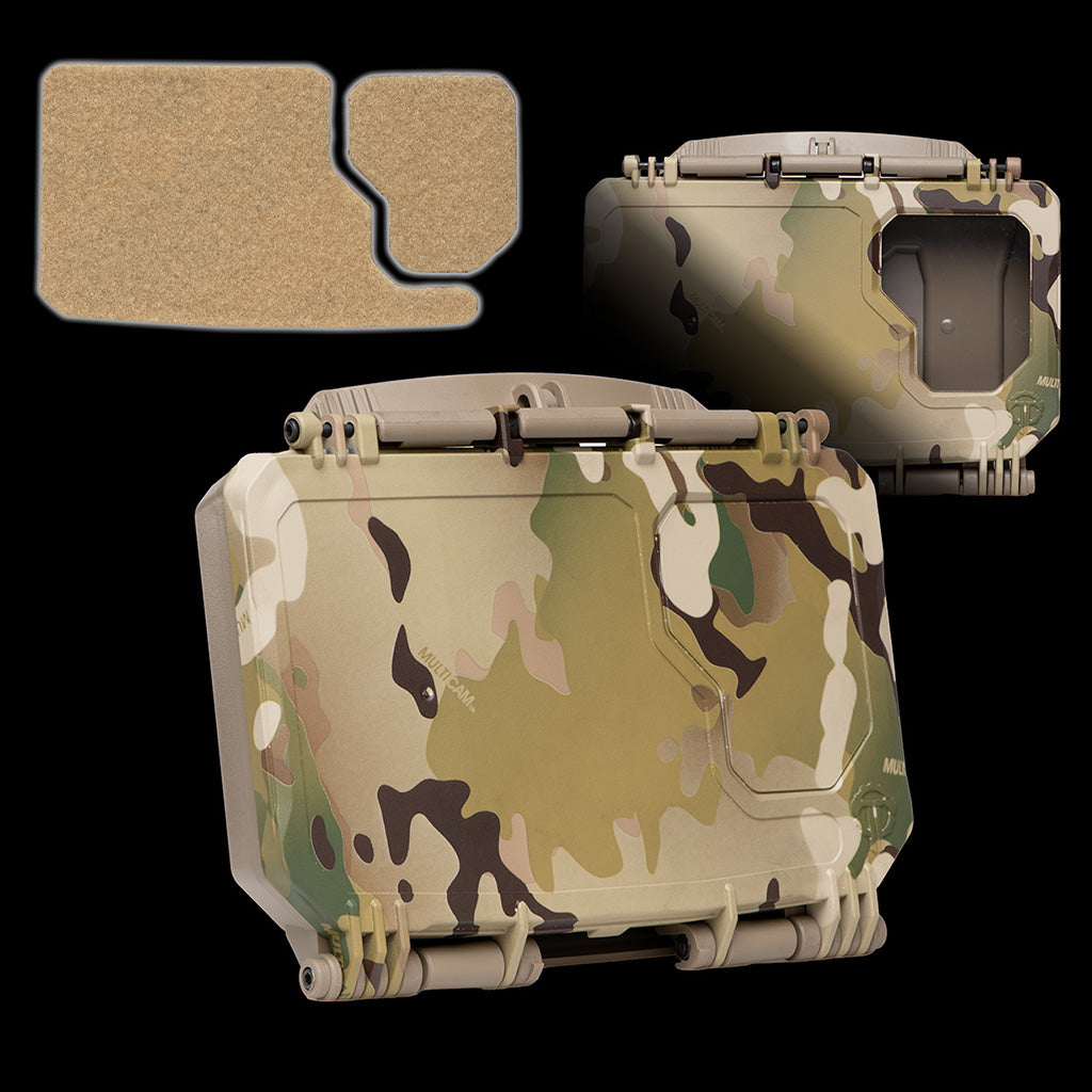 DarkVault 2.0 Critical Gear Case in MultiCam camouflage, designed for smartphone protection, with beige Velcro accessory Pak, size large.