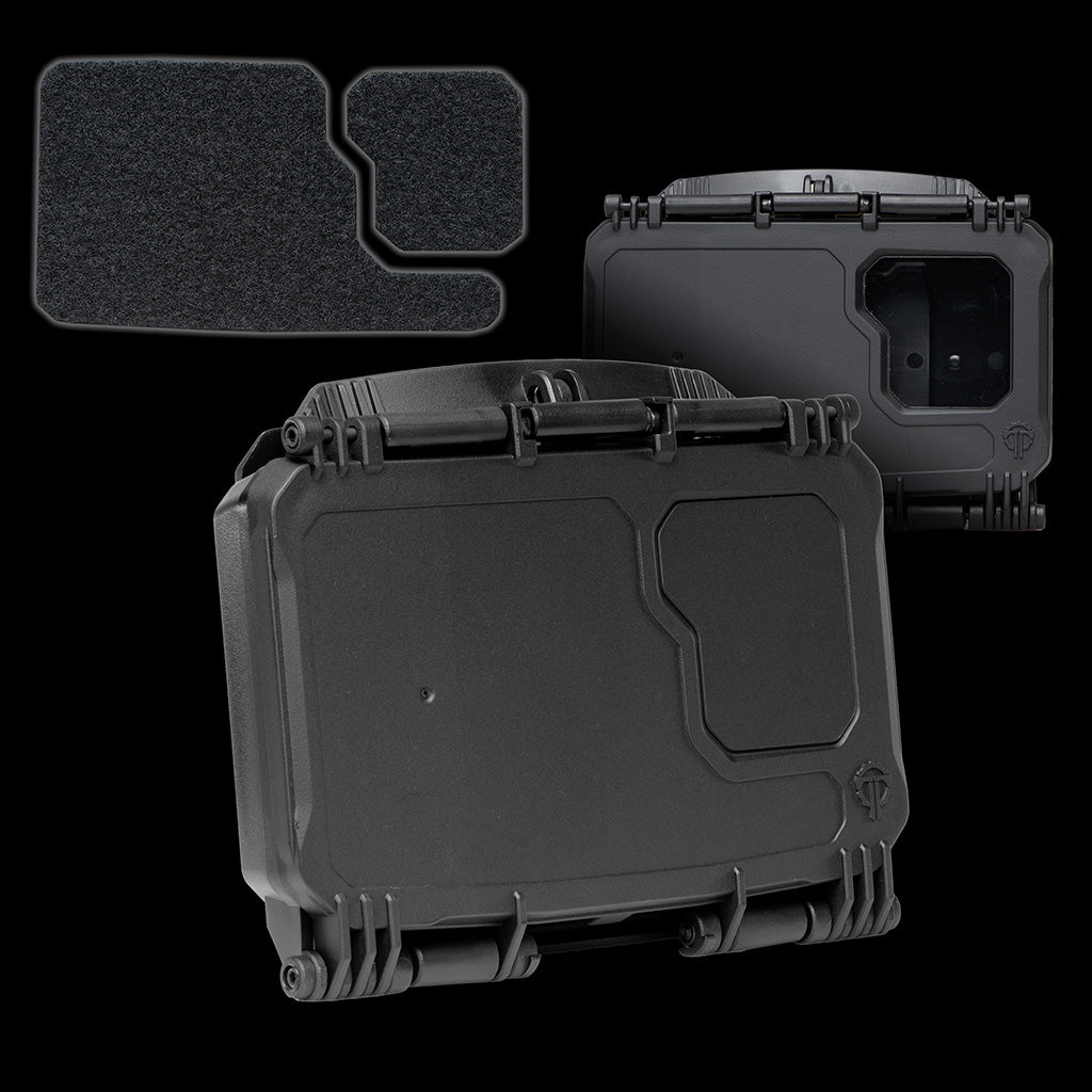 Durable DarkVault 2.0 case designed for smartphone protection, featuring a secure, rugged design and Velcro accessory pak, in black regular size.