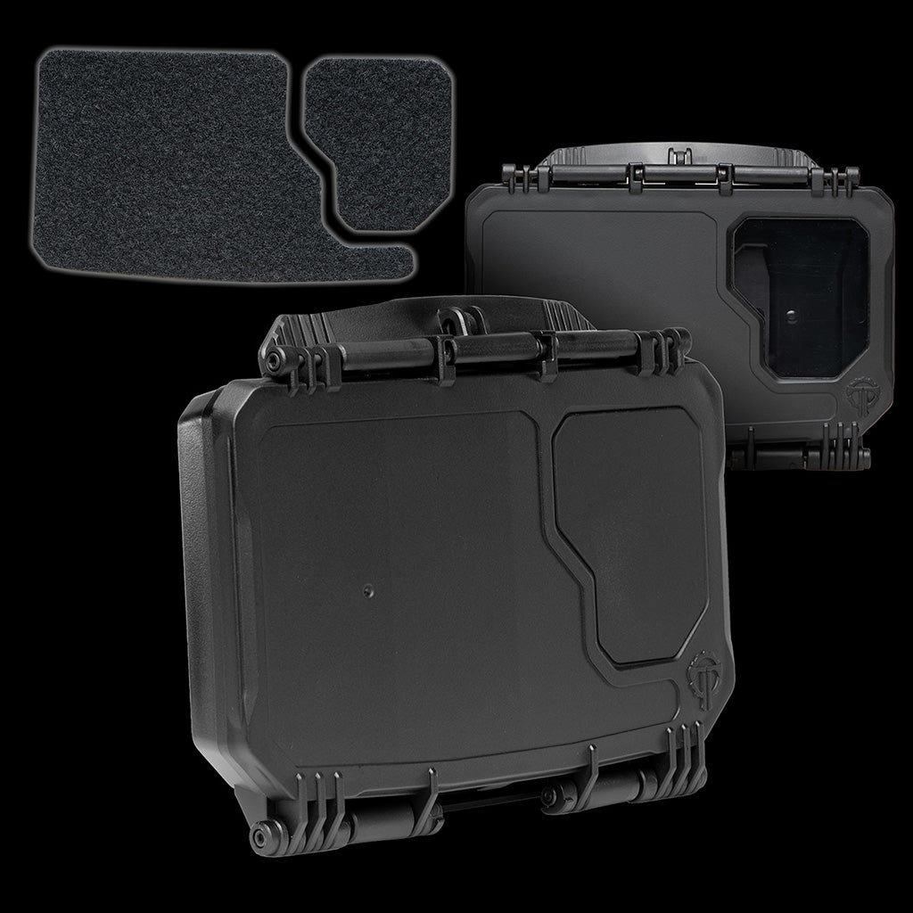 Durable DarkVault 2.0 case designed for smartphone protection, featuring a secure, rugged design and Velcro accessory pak, in black large.