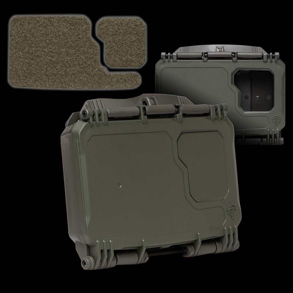 DarkVault 2.0 Critical Gear Case in Ranger Green, designed for smartphone protection, with green Velcro accessory Pak, size regular.
