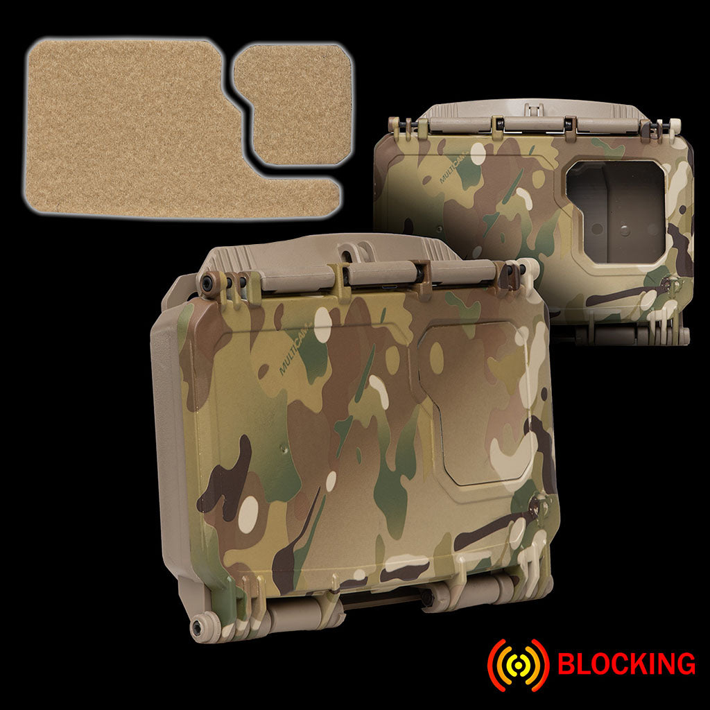MultiCam DarkVault 2.0 case designed for smartphone protection, featuring a secure, rugged design and Velcro accessory pak in beige.