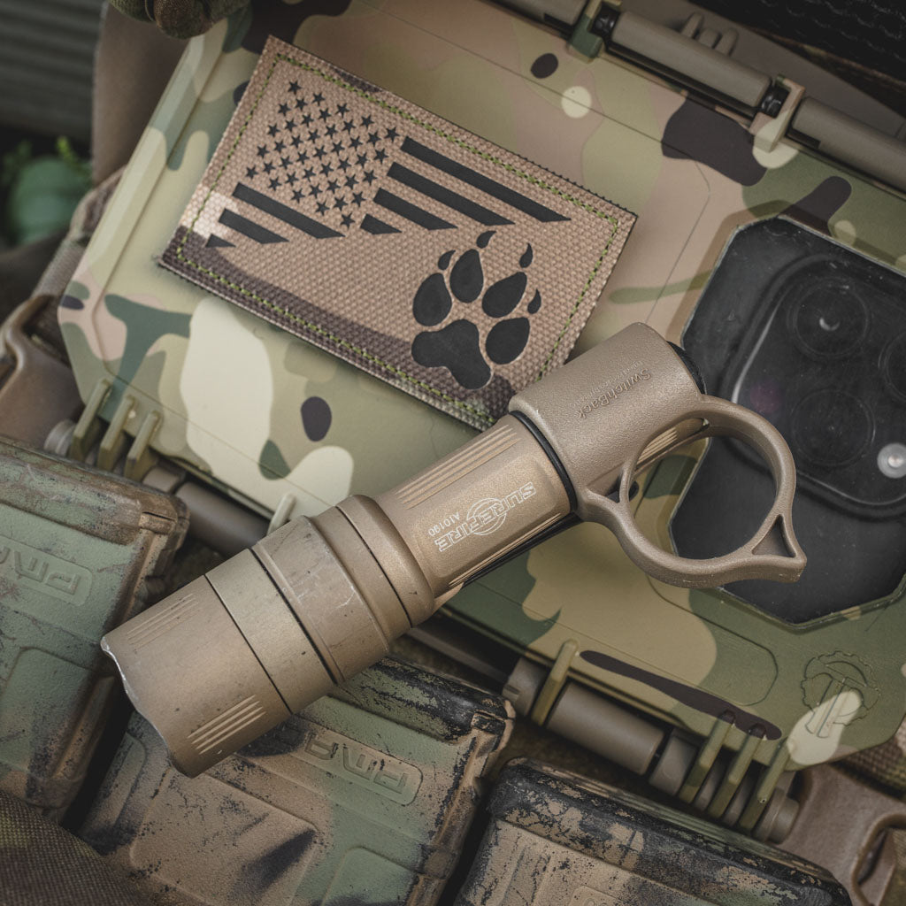 Thyrm DarkVault Comms 2.0 in MultiCam with a SwitchBack S on an FDE SureFire light