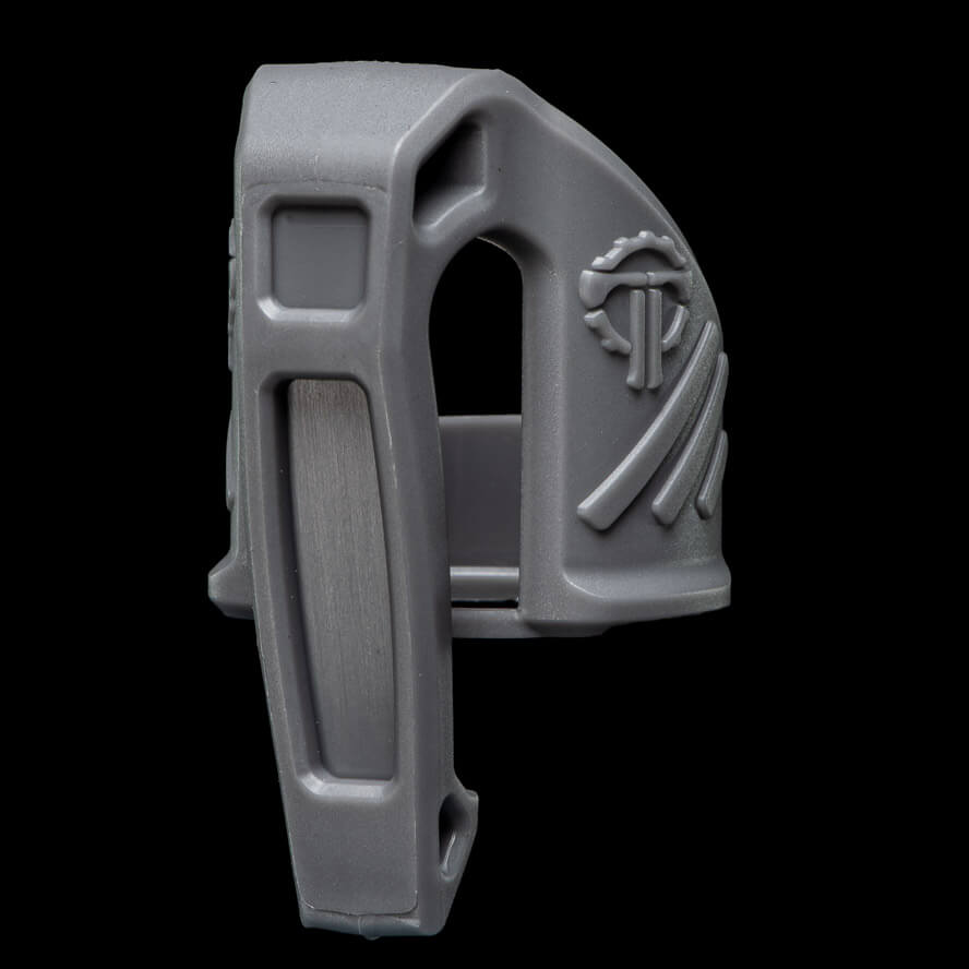 Low profile flashlight pocket clip in gray, designed for secure attachment and easy access