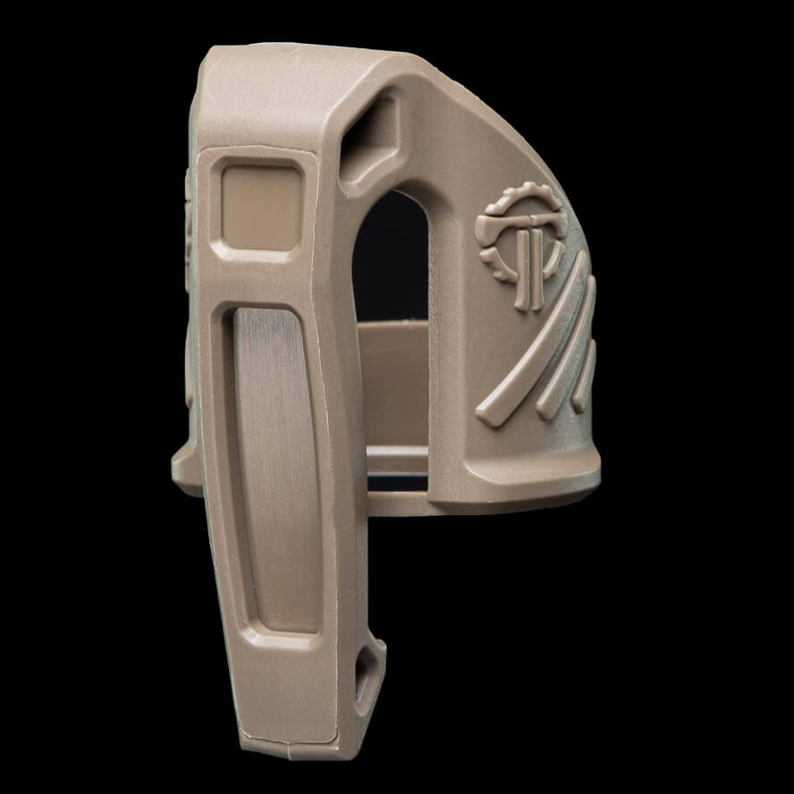 Low profile flashlight pocket clip designed for secure attachment and easy access, in tan