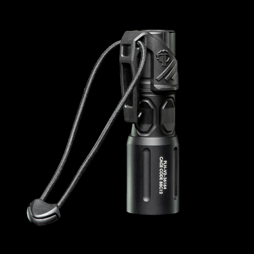 Black Modlite flashlight with Thyrm LPC Clip attached and a lanyard