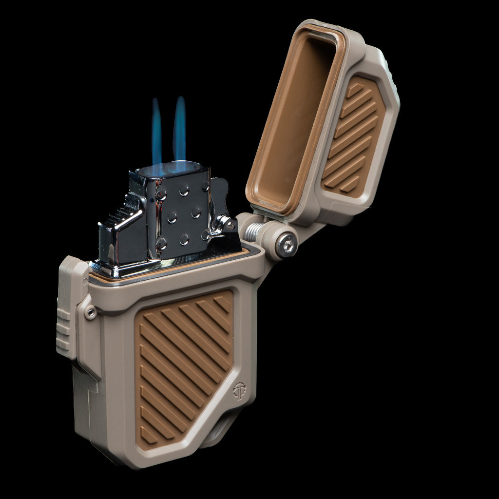 Durable Zippo lighter insert with a rugged design, featuring dual flames and a protective case for outdoor use.