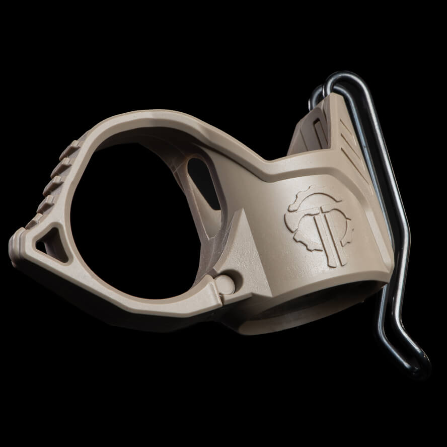 SwitchBack 3.0 Deep Carry Flashlight Ring in tan, featuring a pocket clip for secure attachment and easy access.