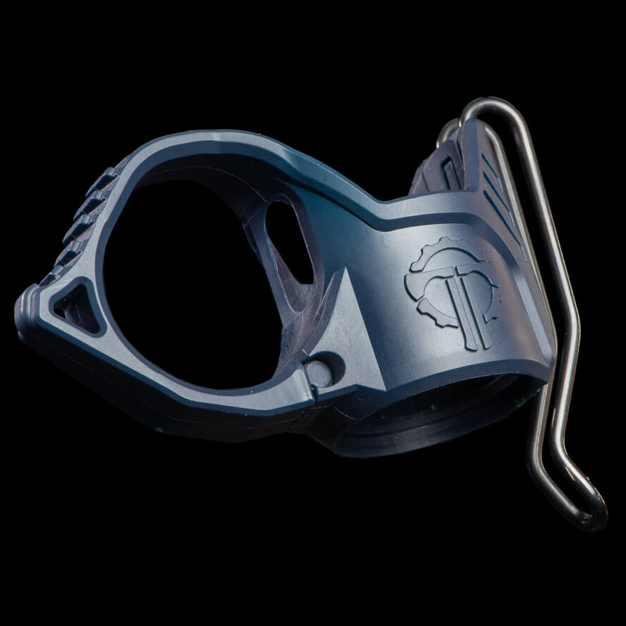 Deep carry flashlight ring with pocket clip, in blue