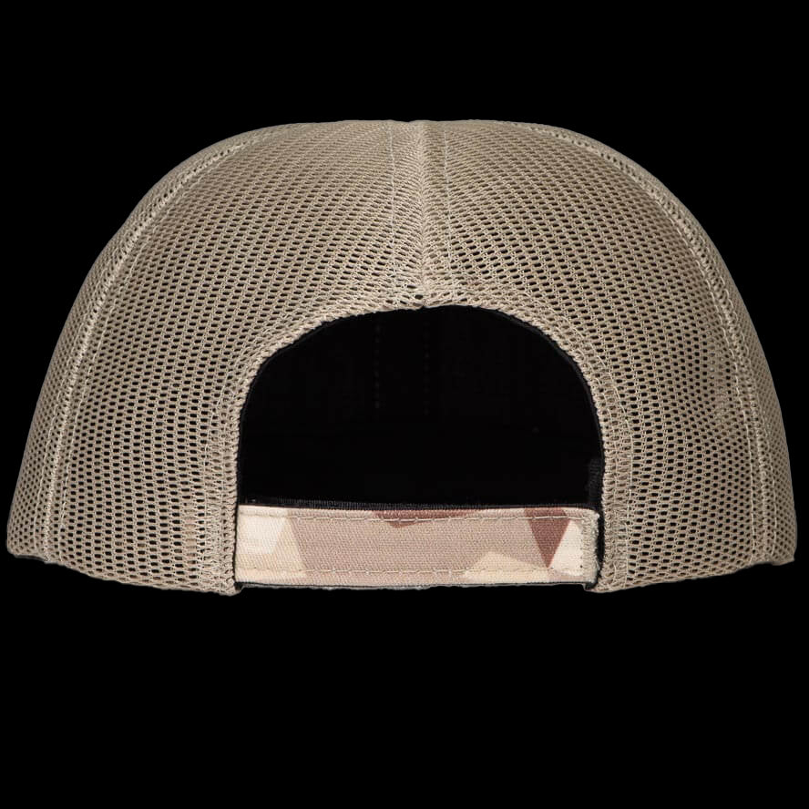 Thyrm camouflage trucker hat featuring a breathable mesh back and adjustable strap below a ponytail hole.