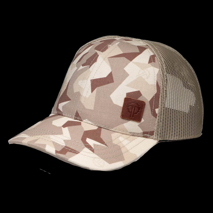 Thyrm camouflage trucker hat featuring a geometric Swedish Arid Camo pattern and breathable mesh back for tactical outdoor use.