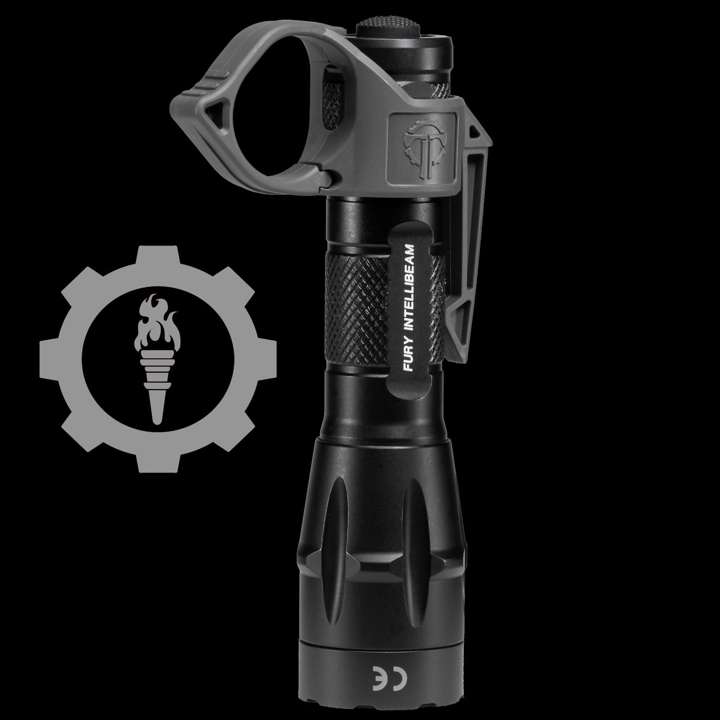 Black Surefire flashlight with a Thyrm Switchback flashlight ring attached to it