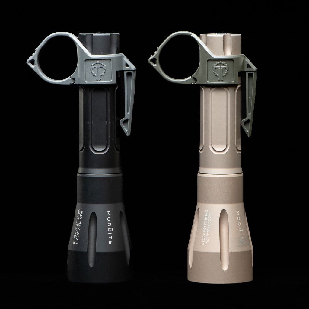 SwitchBack HOG Flashlight Ring for Modlite HOG Flashlights in black and tan, designed for tactical and wilderness use.