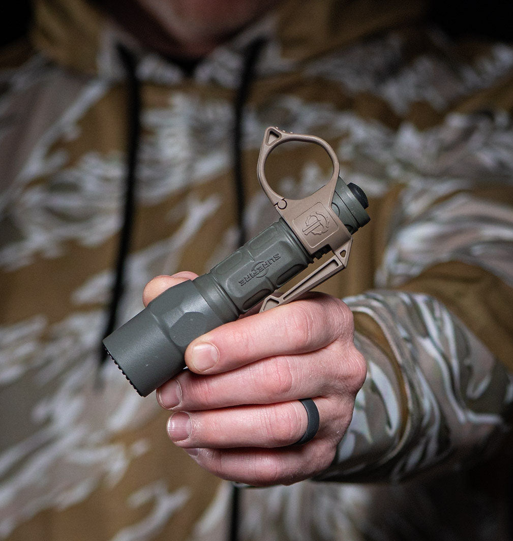 Hand holding a Surefire flashlight with a Thyrm SwitchBack mounted on it.