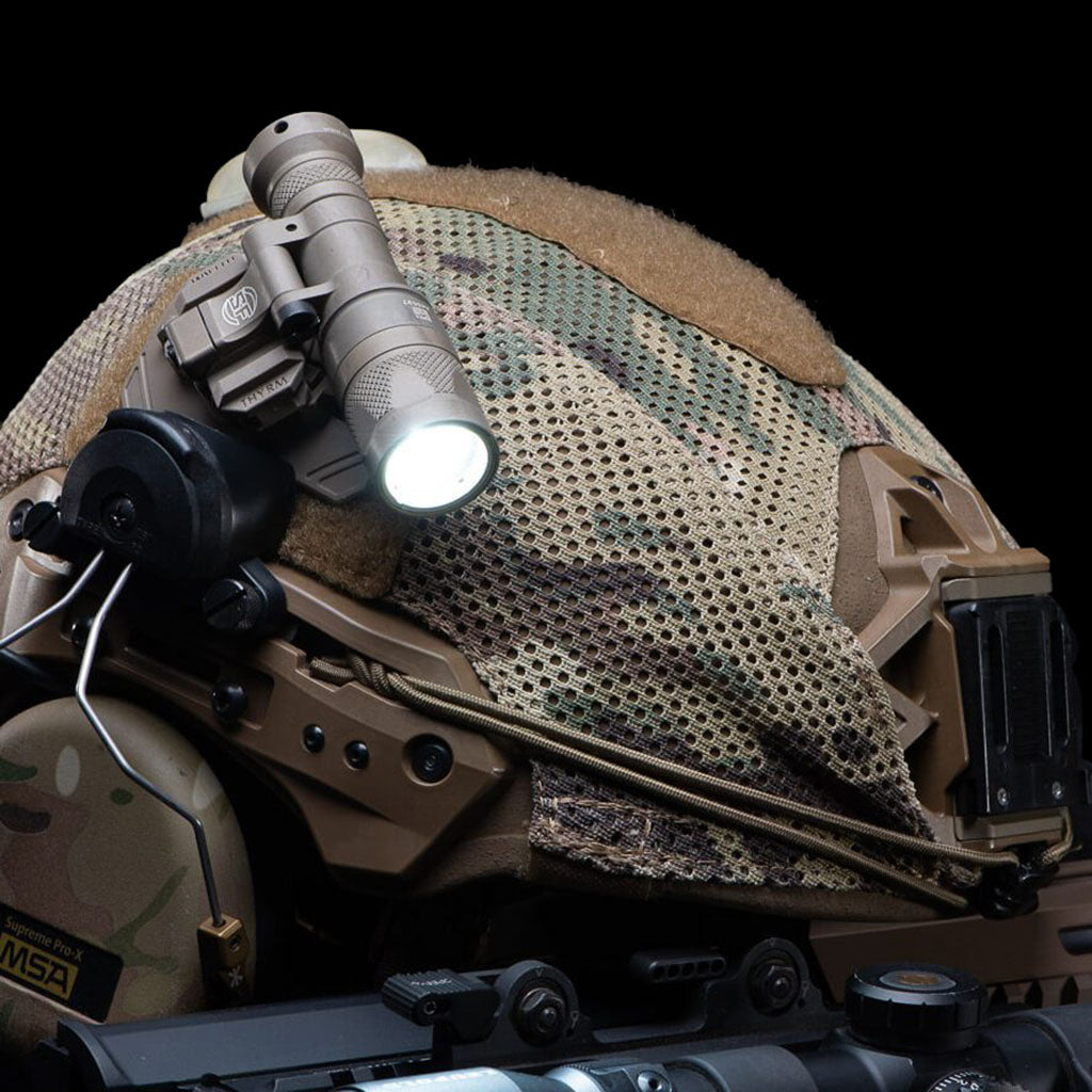 VariArc-VS Universal Helmet Light Mount attached to a ballistic helmet, showcasing tactical lighting for enhanced visibility.