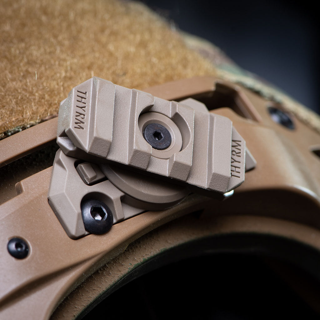 Thyrm VariArc-Team Wendy Light Mount, pivoted on a helmet.