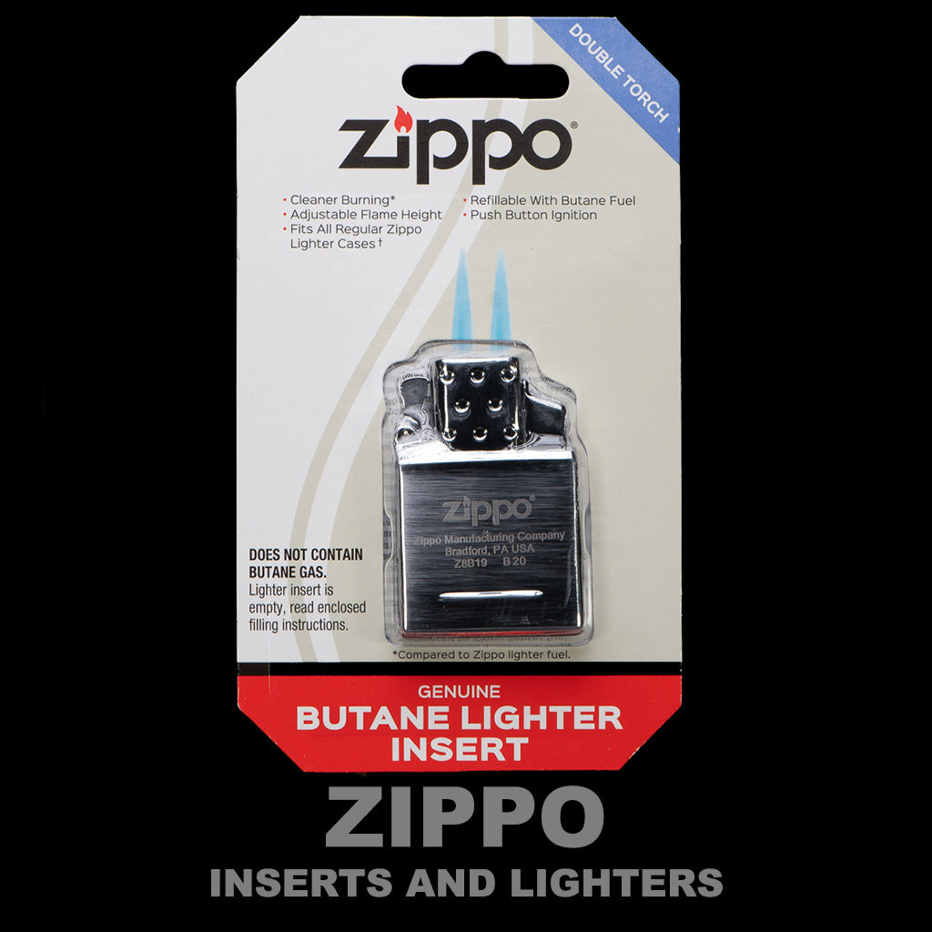 Genuine Zippo butane lighter insert featuring a double torch, adjustable flame height, and refillable design.