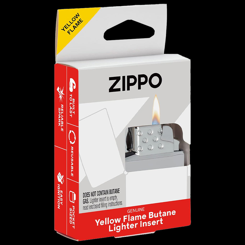 Zippo yellow flame butane lighter insert in packaging, designed for refillable lighters with a bright flame.