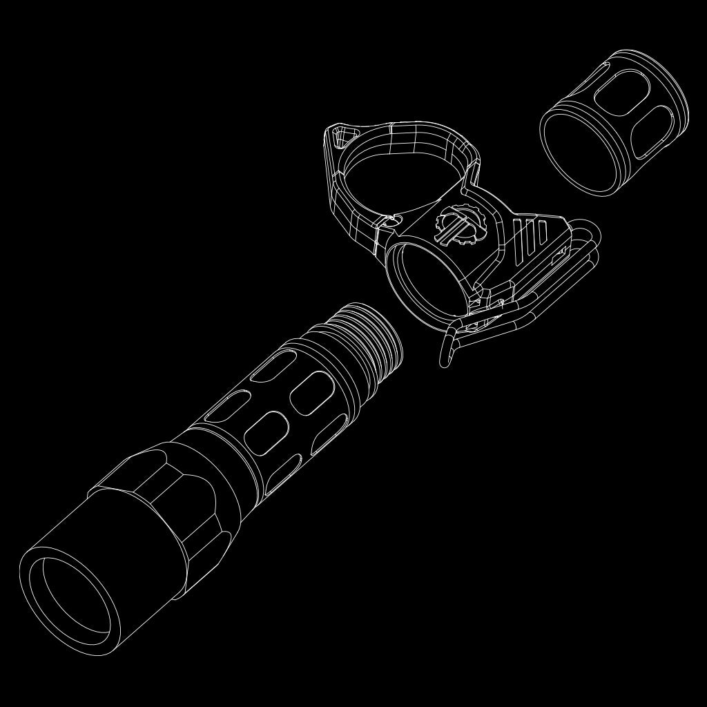 Technical drawing of a SwitchBack 3.0 Deep Carry Flashlight Ring assembling on a flashlight.