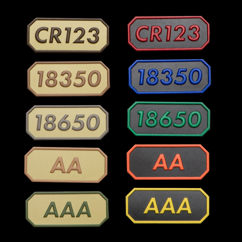 Battery patches for CellVault-5M, featuring labels for various battery sizes: CR123, 18350, 18650, AA, and AAA.