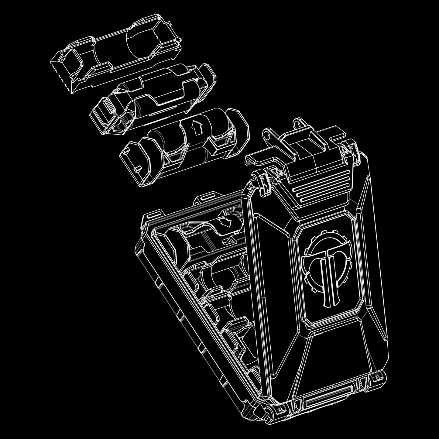 Wireframe illustration of a tactical device with modular components, in black and white, designed for wilderness applicati...