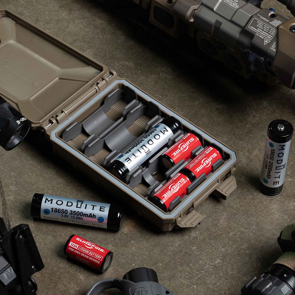 CellVault-5M Case with inserts containing and devoid of batteries. Batteries are waiting to be loaded.