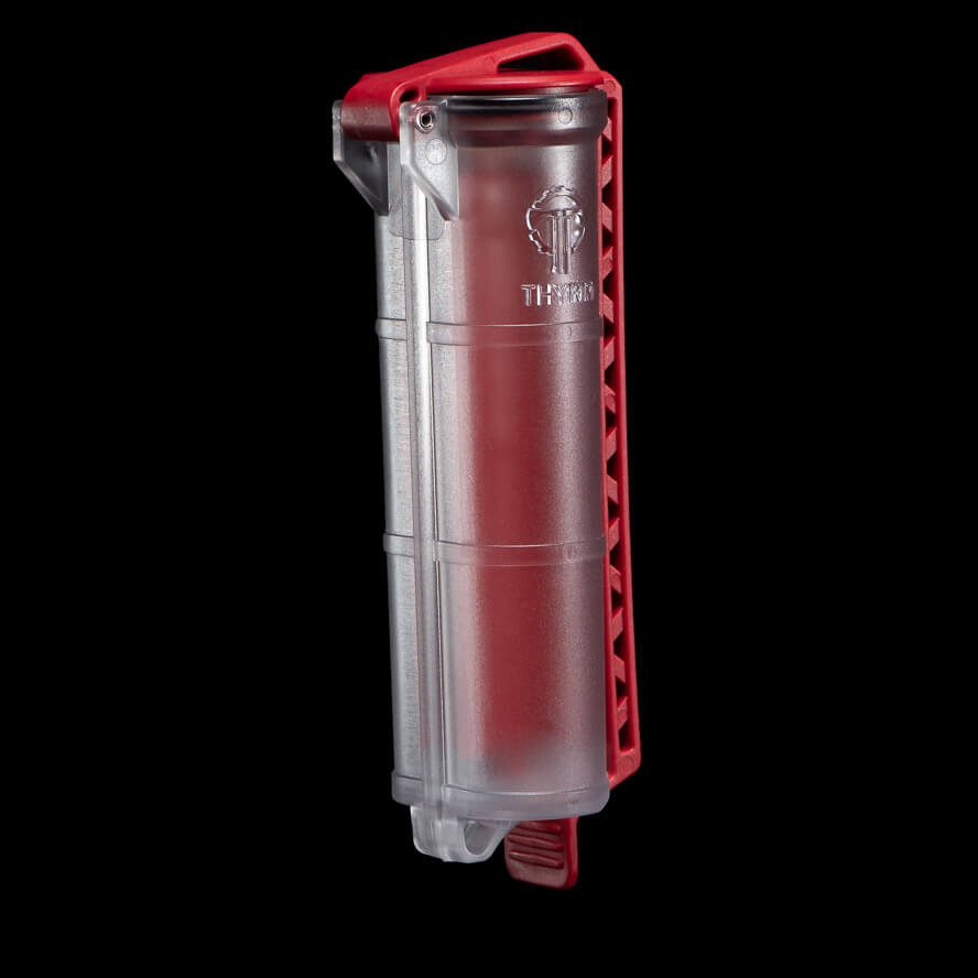 Transparent CellVault XL battery storage case for AAA, CR123, and 18650 batteries with a red locking lid.