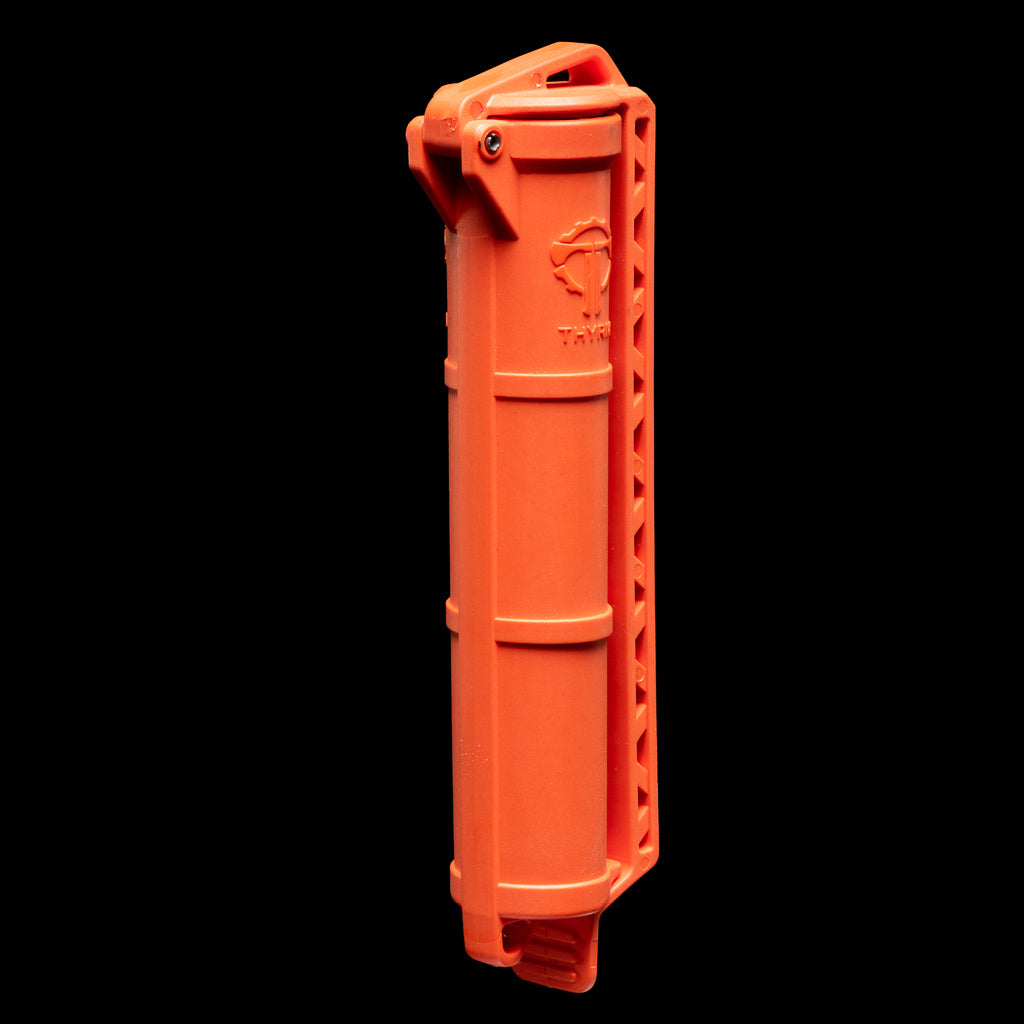Orange Thyrm protective case with reinforced edges and logo, designed for tactical and wilderness gear.